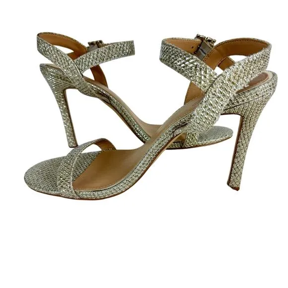JEWEL BADGLEY MISCHKA ARLINA GLITTER HEELED SANDALS IN GOLD NWOB WOMEN'S SIZE 9