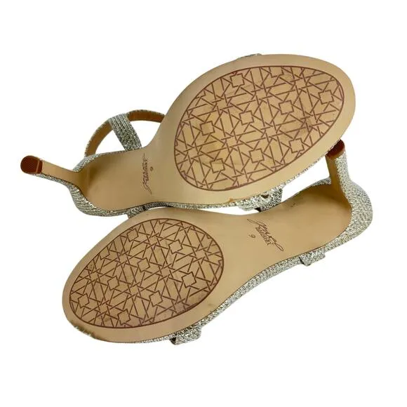 JEWEL BADGLEY MISCHKA ARLINA GLITTER HEELED SANDALS IN GOLD NWOB WOMEN'S SIZE 9