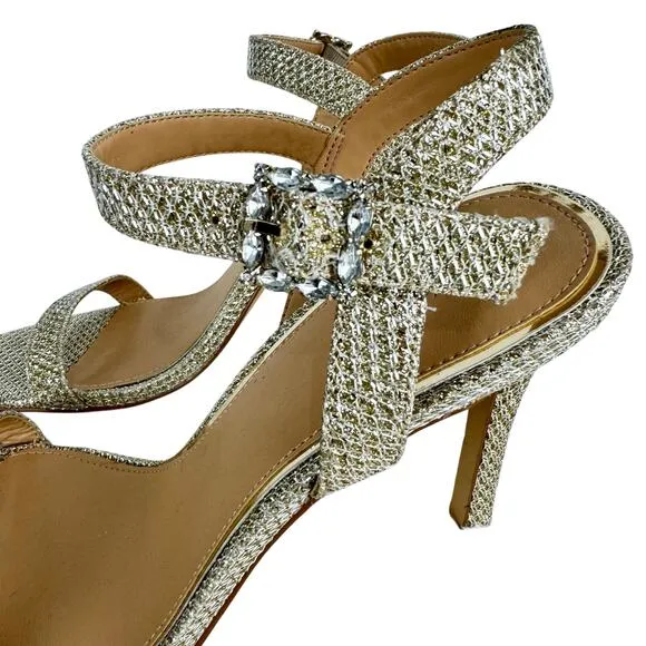 JEWEL BADGLEY MISCHKA ARLINA GLITTER HEELED SANDALS IN GOLD NWOB WOMEN'S SIZE 9