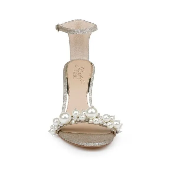 Jewel Badgley Mischka Laurence Womens 9 Gold Glitter Pearls Wedge Sandals KHD523