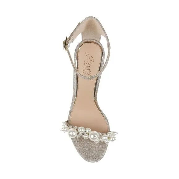 Jewel Badgley Mischka Laurence Womens 9 Gold Glitter Pearls Wedge Sandals KHD523