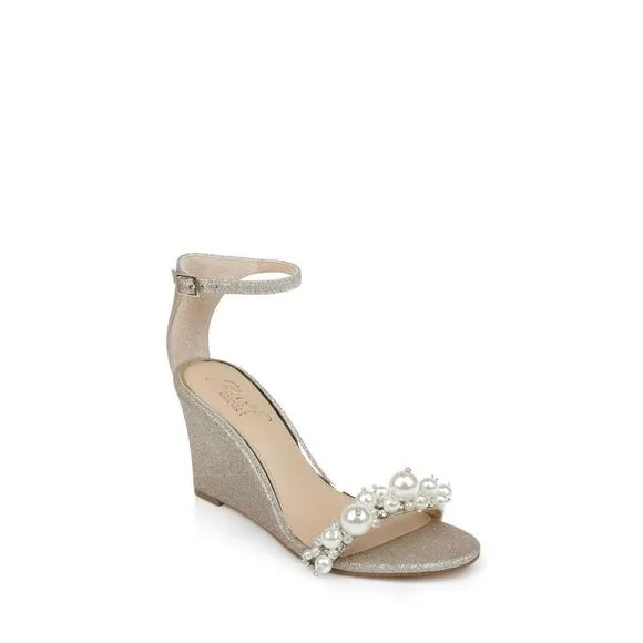 Jewel Badgley Mischka Laurence Womens 9 Gold Glitter Pearls Wedge Sandals KHD523