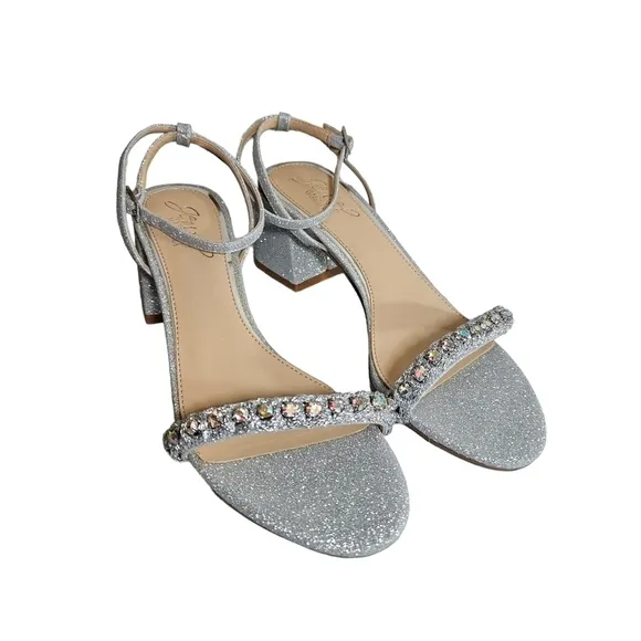 Jewel Badgley Mischka  Odonna Silver Glitter Open Toe Block Heel Sandals sz 6.5
