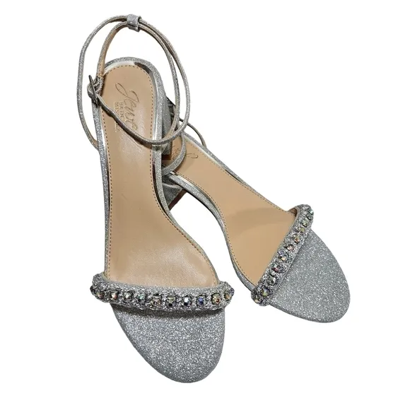 Jewel Badgley Mischka  Odonna Silver Glitter Open Toe Block Heel Sandals sz 6.5