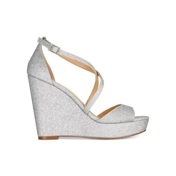 Jewel Badgley Mischka Wedge Heel Sandals Platform Silver Size 10M New w/o box