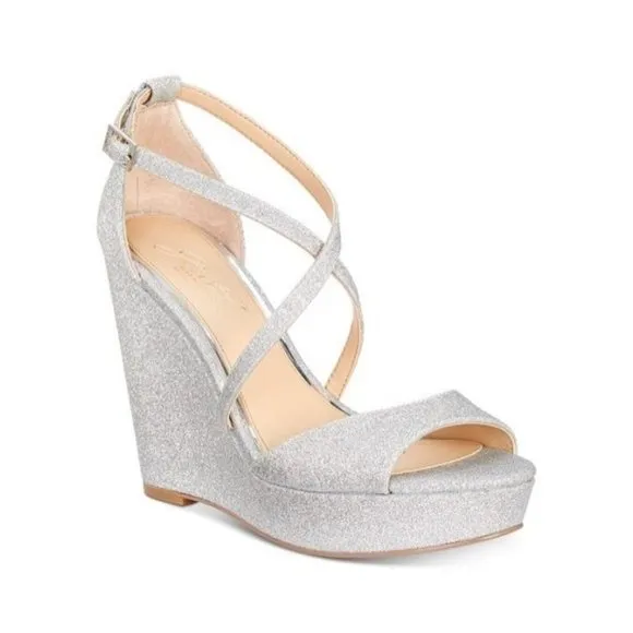 Jewel Badgley Mischka Wedge Heel Sandals Platform Silver Size 10M New w/o box