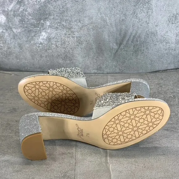 Jewel Badgley Mischka Women's Silver Glitter Della Rhinestone Slide Sandal SZ7.5