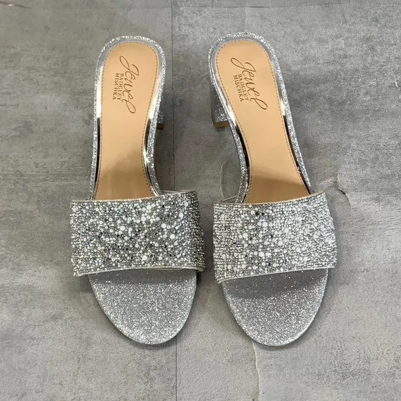 Jewel Badgley Mischka Women's Silver Glitter Della Rhinestone Slide Sandal SZ7.5