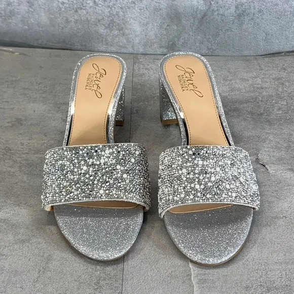 Jewel Badgley Mischka Women's Silver Glitter Della Rhinestone Slide Sandal SZ7.5