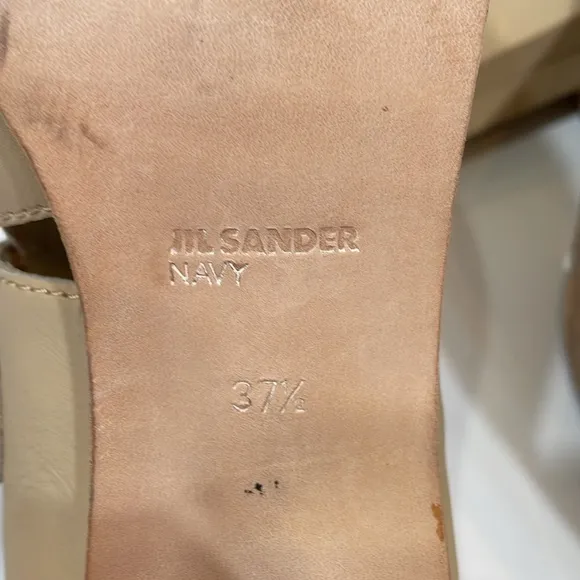 Jil Sander Navy Sandals Heels Size 37.5 US7 Tan Leather Front Buckle