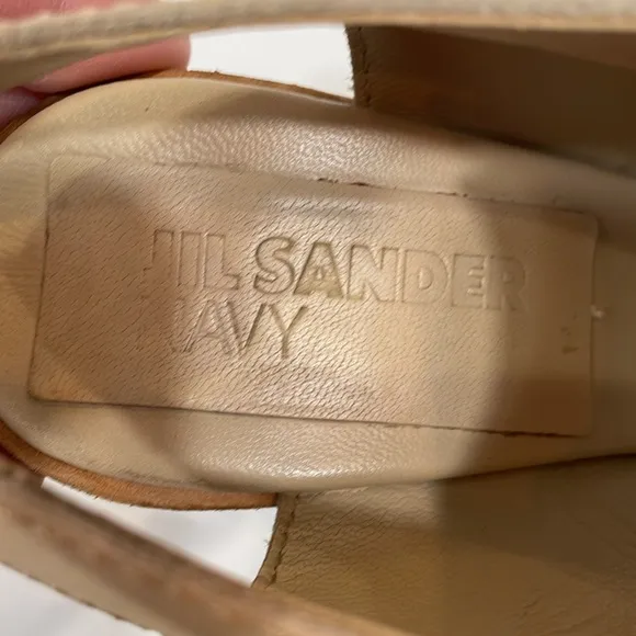 Jil Sander Navy Sandals Heels Size 37.5 US7 Tan Leather Front Buckle