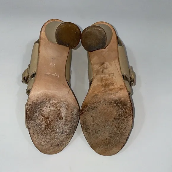 Jil Sander Navy Sandals Heels Size 37.5 US7 Tan Leather Front Buckle