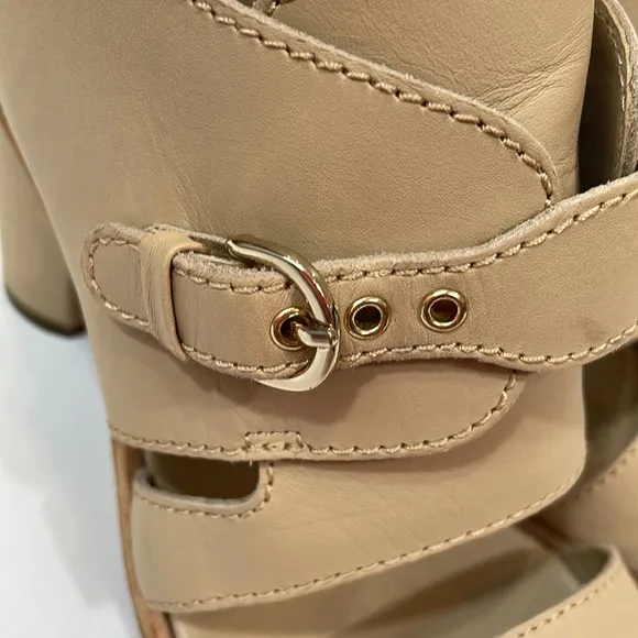 Jil Sander Navy Sandals Heels Size 37.5 US7 Tan Leather Front Buckle