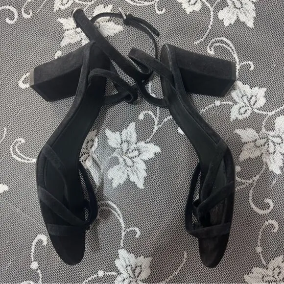 Jill Sander Black Suede Strappy Block Heel Sandals Sz 36