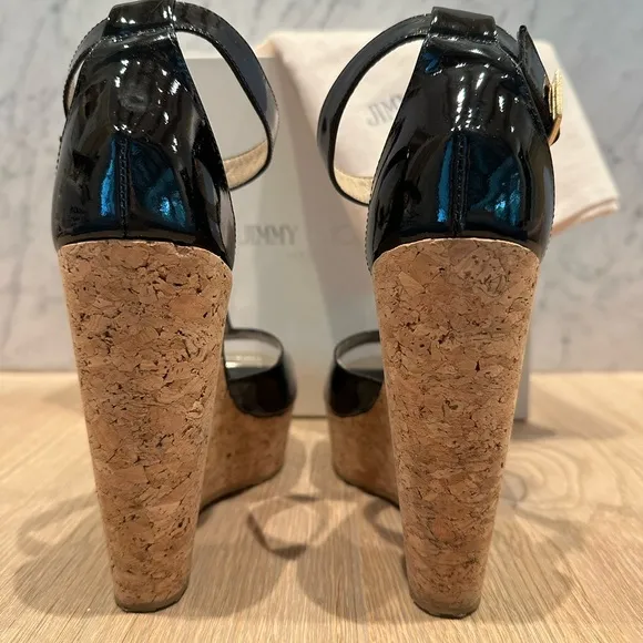 Jimmy Choo 121Pela Black Patent Leather and Cork Wedge Sandals