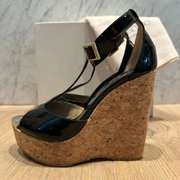 Jimmy Choo 121Pela Black Patent Leather and Cork Wedge Sandals