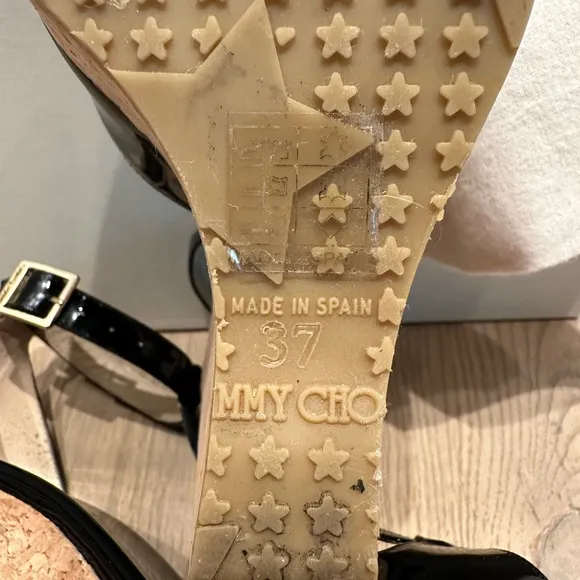 Jimmy Choo 121Pela Black Patent Leather and Cork Wedge Sandals