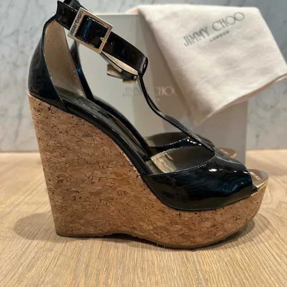 Jimmy Choo 121Pela Black Patent Leather and Cork Wedge Sandals