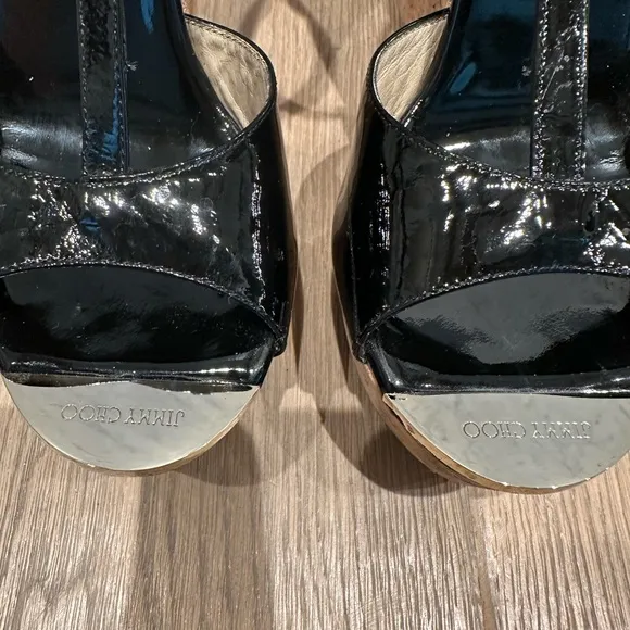 Jimmy Choo 121Pela Black Patent Leather and Cork Wedge Sandals