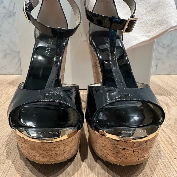 Jimmy Choo 121Pela Black Patent Leather and Cork Wedge Sandals