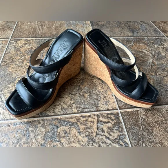 Jimmy Choo Athenia Triple Strap Leather Wedge Sandals- Black, Women’s Size 5.5