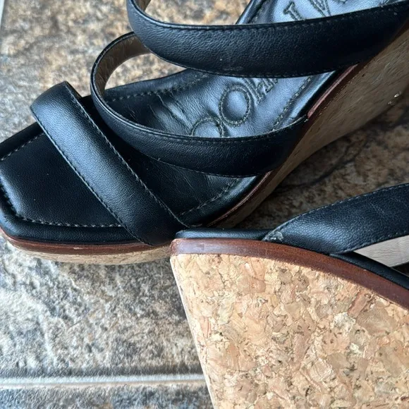 Jimmy Choo Athenia Triple Strap Leather Wedge Sandals- Black, Women’s Size 5.5