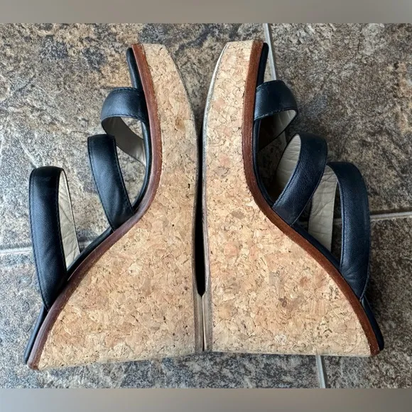 Jimmy Choo Athenia Triple Strap Leather Wedge Sandals- Black, Women’s Size 5.5