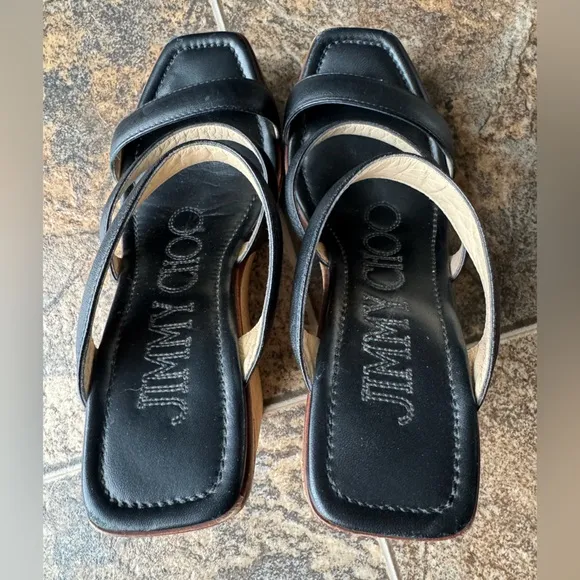 Jimmy Choo Athenia Triple Strap Leather Wedge Sandals- Black, Women’s Size 5.5