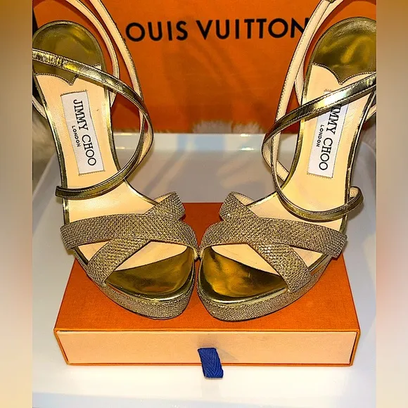 Jimmy Choo Authentic Liddie 145 High Heel Pump in Gold Leather. Size 6 1/2.