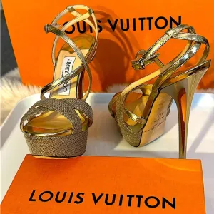 Jimmy Choo Authentic Liddie 145 High Heel Pump in Gold Leather. Size 6 1/2.