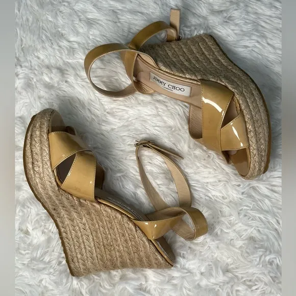 Jimmy Choo | Beige Patent Leather Phönix Espadrille Wedge Sandals