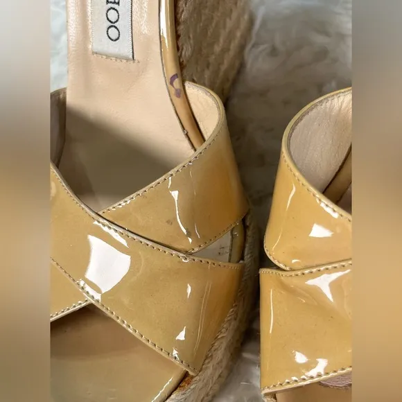 Jimmy Choo | Beige Patent Leather Phönix Espadrille Wedge Sandals