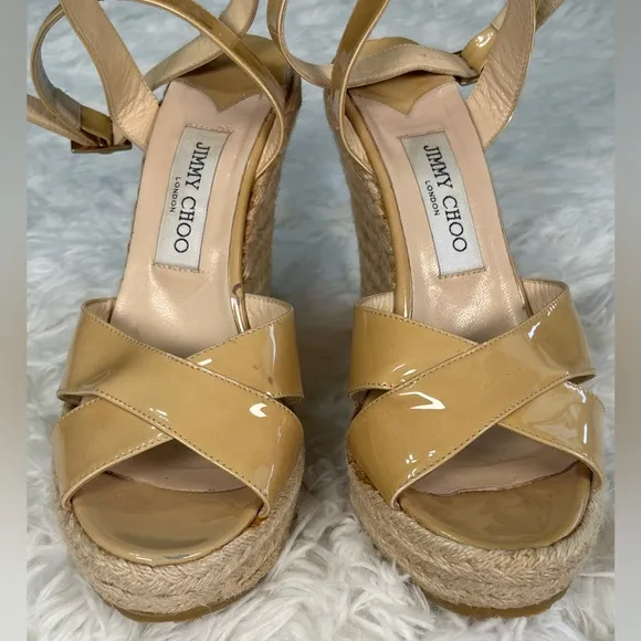 Jimmy Choo | Beige Patent Leather Phönix Espadrille Wedge Sandals