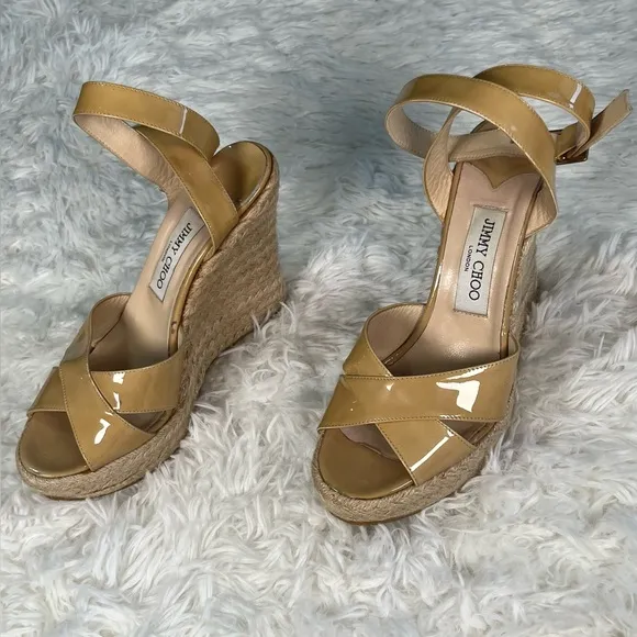 Jimmy Choo | Beige Patent Leather Phönix Espadrille Wedge Sandals