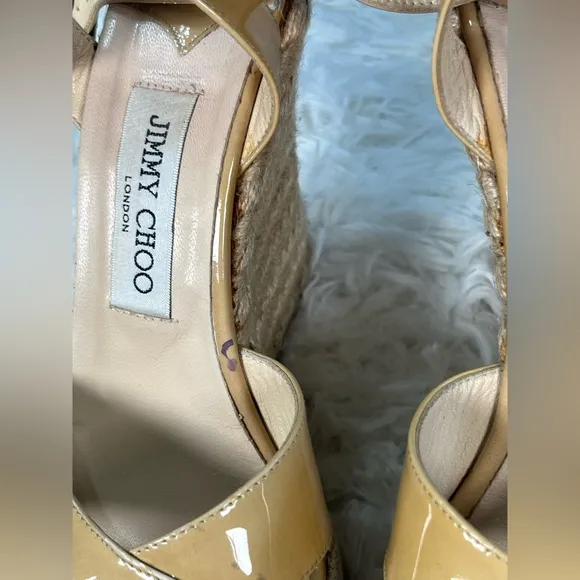Jimmy Choo | Beige Patent Leather Phönix Espadrille Wedge Sandals