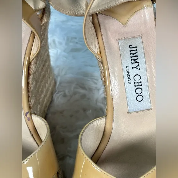 Jimmy Choo | Beige Patent Leather Phönix Espadrille Wedge Sandals