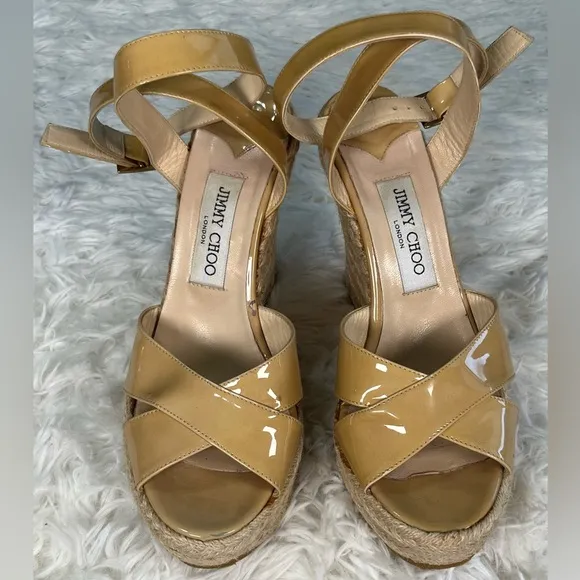 Jimmy Choo | Beige Patent Leather Phönix Espadrille Wedge Sandals