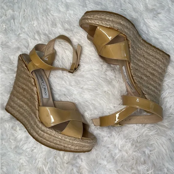 Jimmy Choo | Beige Patent Leather Phönix Espadrille Wedge Sandals