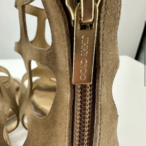 *Jimmy Choo Beige Suede Ren 35 Caged Black Heel Sandals EU 38