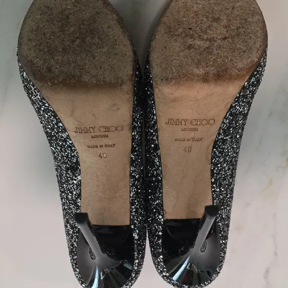 Jimmy Choo Black Glitter Peep-Toe Heels. EUC