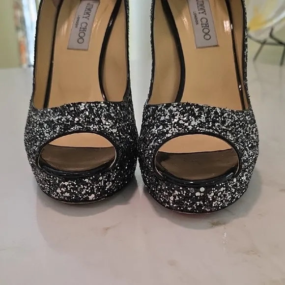 Jimmy Choo Black Glitter Peep-Toe Heels. EUC