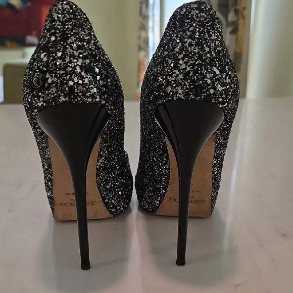 Jimmy Choo Black Glitter Peep-Toe Heels. EUC