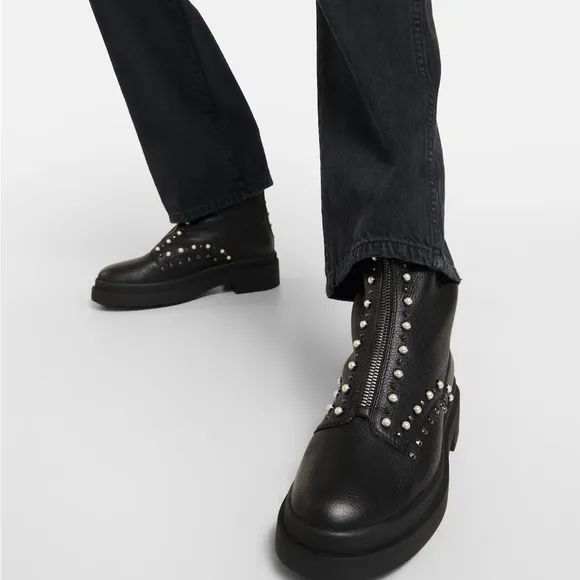 Jimmy Choo Black Leather Pearl and Stud Nola Combat Boots