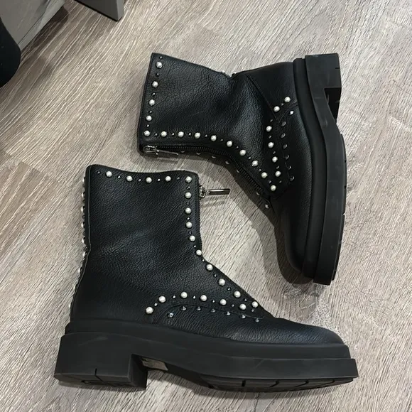 Jimmy Choo Black Leather Pearl and Stud Nola Combat Boots