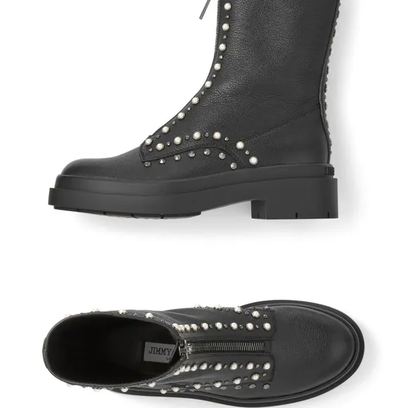 Jimmy Choo Black Leather Pearl and Stud Nola Combat Boots