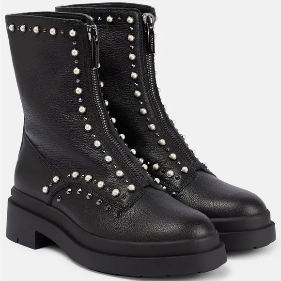 Jimmy Choo Black Leather Pearl and Stud Nola Combat Boots