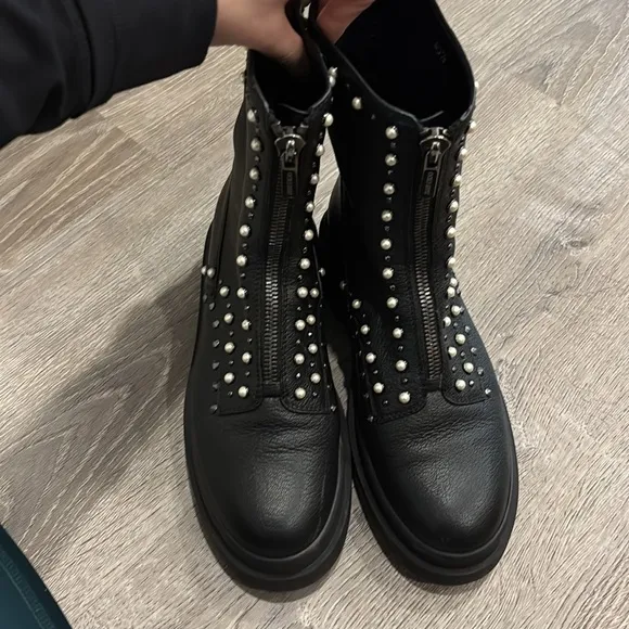 Jimmy Choo Black Leather Pearl and Stud Nola Combat Boots