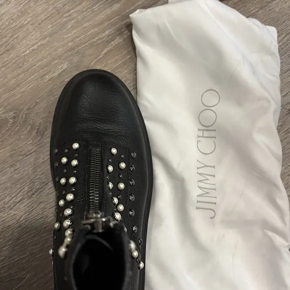 Jimmy Choo Black Leather Pearl and Stud Nola Combat Boots
