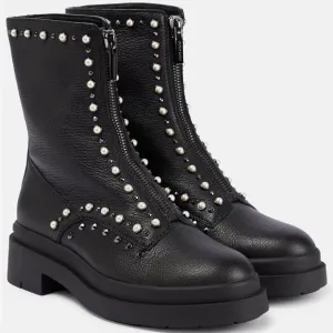Jimmy Choo Black Leather Pearl and Stud Nola Combat Boots