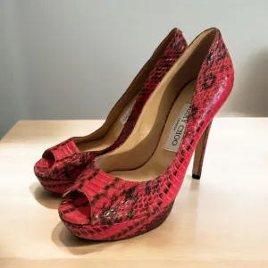 JIMMY CHOO Black Lizard Platform Pumps Peep Toe 5&quot; Stiletto Size EU 37